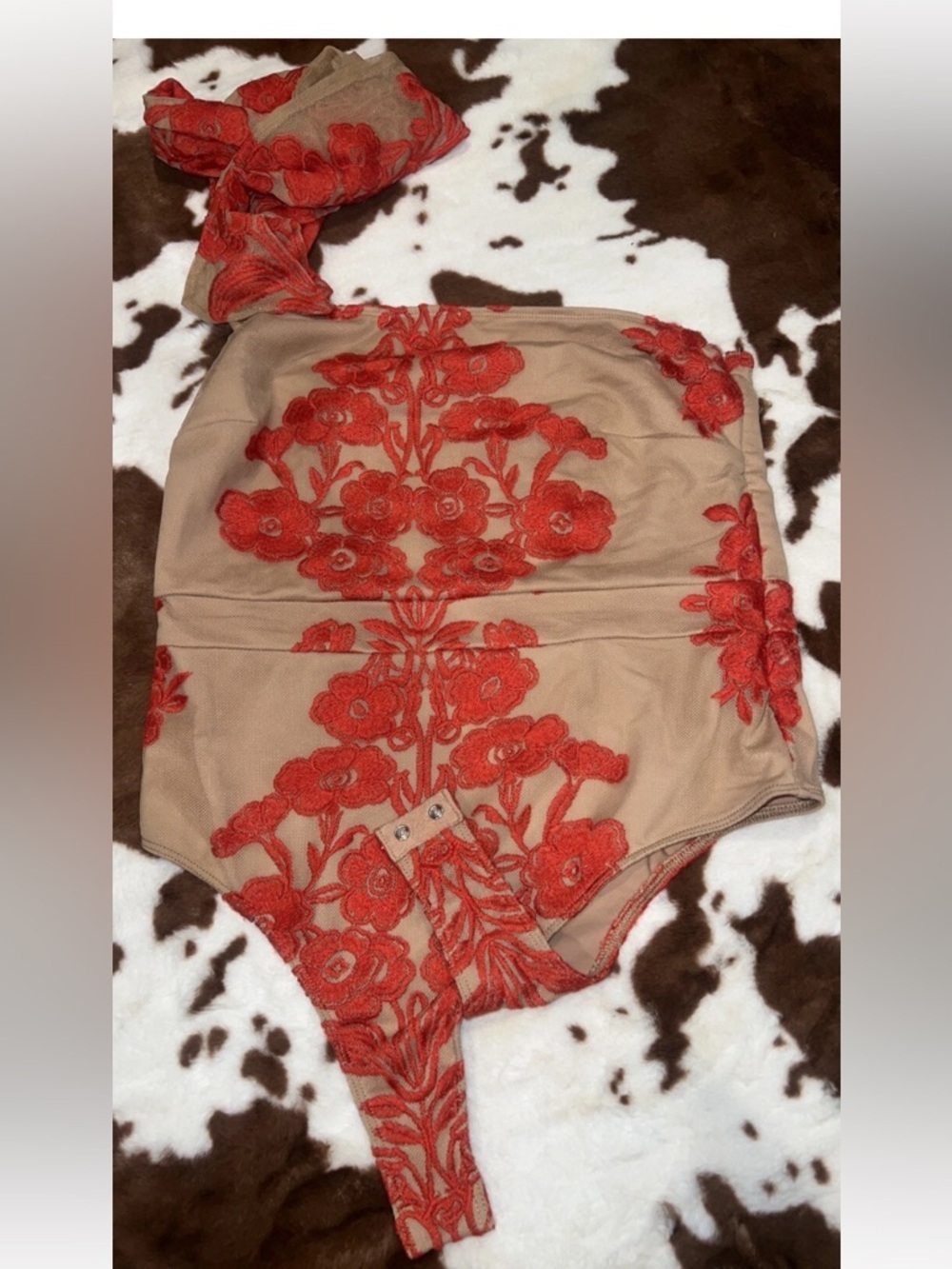 NWT For Love and Lemons Temecula One Shoulder Bodysuit Red/Nude - Picture 12 of 14